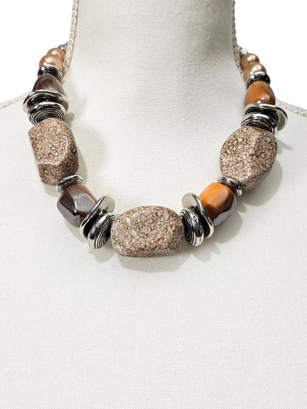 Modern Chunky Boho Good Glazes Stone Beaded Necklace BROWN PEACH SILVER
